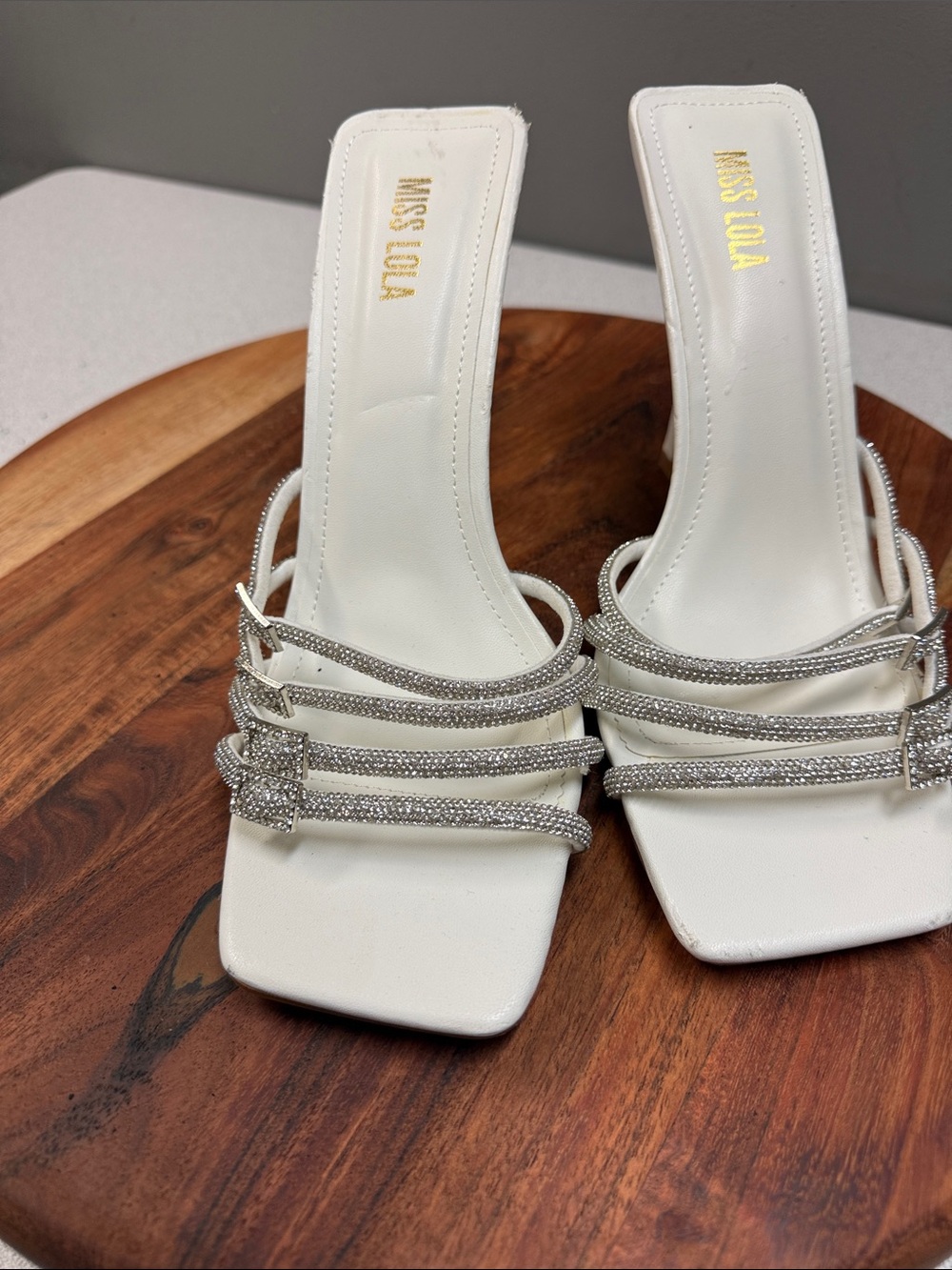 Miss Lola Aurora Rhinestone Strappy Mule Heels White Size 9 Square Toe - Picture 4 of 13